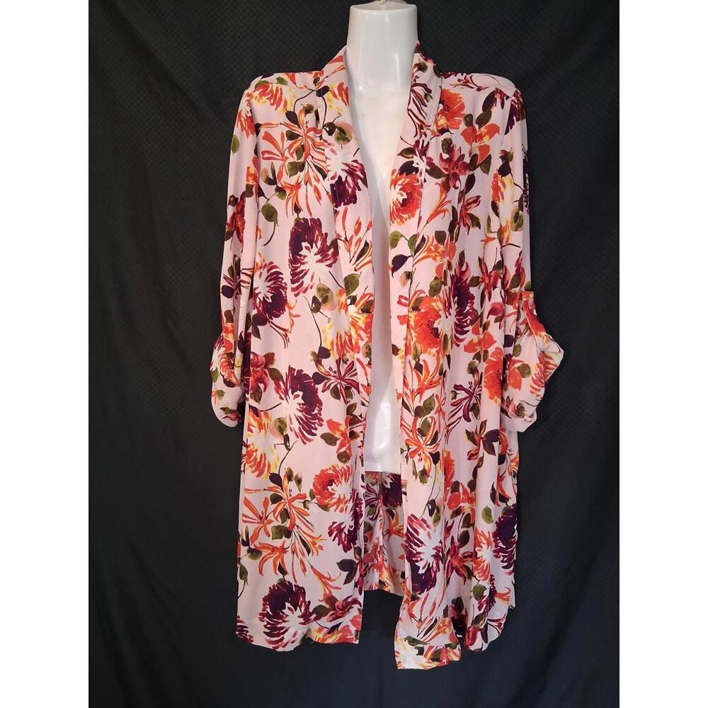 Lane Bryant Pink Coral Plum Floral Cuffed Sleeves Pockets Cardigan/Duster 14/16